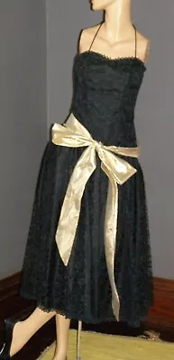 Vintage 80's Black Lace Halter Dress GOLD METALLIC BOW S M Rock Glam Prom Party • $25