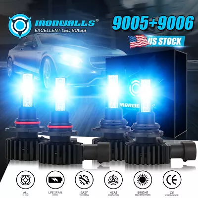 4pcs 9005 9006 LED Headlight Bulbs High Low Beam Combo Kit 8000K Bright Ice Blue • $34.99