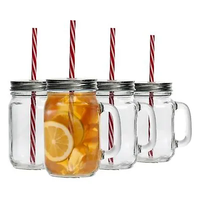 4x Mason Drinking Jar Glasses With Straws Retro Cocktail Serving Jug 450ml • £11
