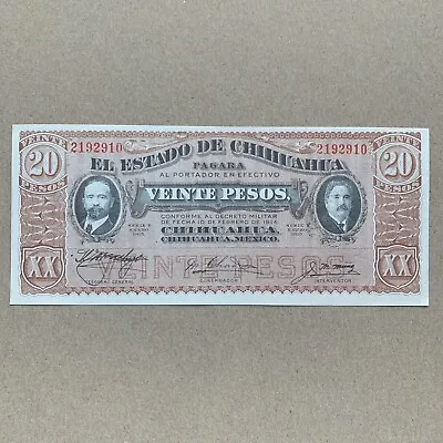 Mexican Chihuahua 1915 20 Pesos Banknote Mexico Currency Paper Money Civil War • $31.95
