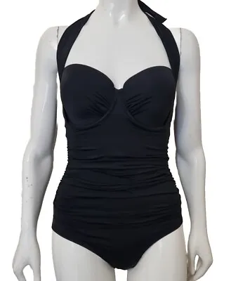 Marks & Spencer 34DD Tummy Control Halterneck Underwired Rouched Black Swimsuit  • £9.99