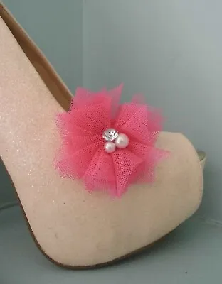 £9.99 • Buy Chiffon / Tulle Shoe Clips With Pearl & Diamante Centre - Various Colours