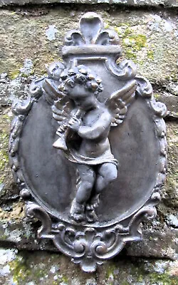 CHERUB Cast Stone Art Garden Ornament Sculpture Classical Wall Plaque Painted • £15