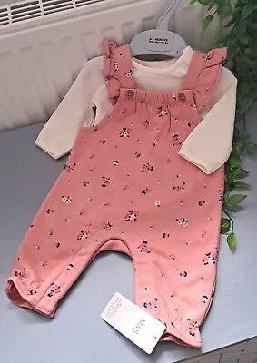 Baby Girl 0-3 Months BNWT M&s Supersoft Dungaree Set • £2.50