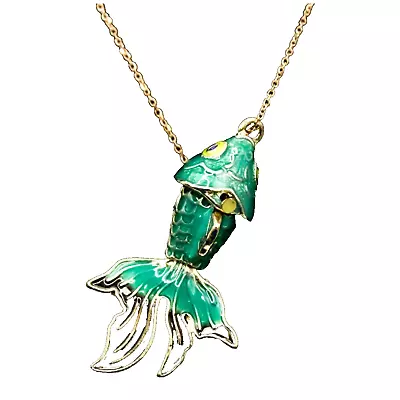 Vintage Articulated Koi Fish Enamel Green Pendant 60's On Sterling 18  Necklace • $49