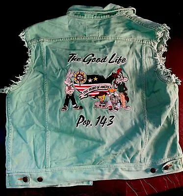 VTG 90s Denim Sleeveless Jacket Vest Looney Tunes Jean Denim Bugs Tweety L Biker • $135
