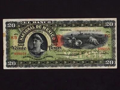 Mexico:P-S259d 20 Pesos 1913 * El Banco De Nacional De Mexico * VF- * • $139