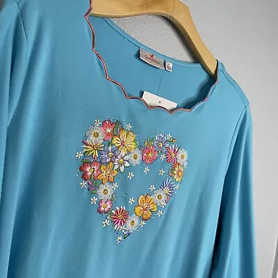 NWT Quacker Factory Women's Top Heart Flowers Rhinestone Embroidered Blue 3X • $29.98