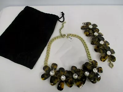 SIGNED J CREW FAUX TORTOISE FLOWER W CRYSTALS STATEMENT NECKLACE BRACELET NWT • $187.50