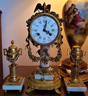 £550 • Buy Antique French Ormolu And White Marble Mantel Clock Garniture.