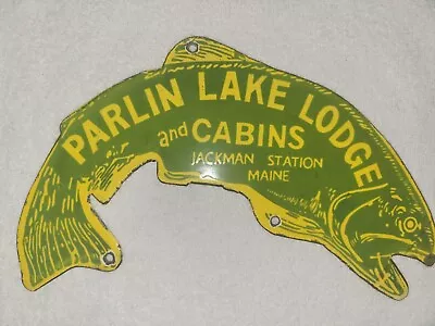 Vintage Parlin Lake Cabins Porcelain  Sign Fishing Lodge Camping Hunting Maine  • $35