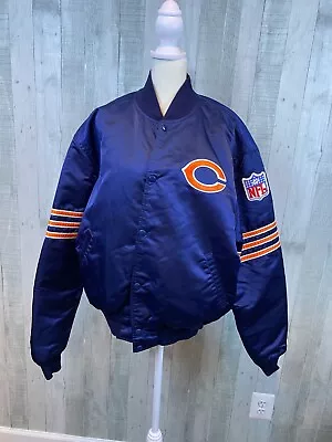 Vintage Chicago Bears Starter Satin Bomber Jacket Adult XL Blue Quilt Lined USA • $249.99