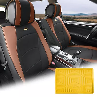 Leatherette Seat Cushion Covers Front Bucket Brown W/ Yellow Dash Mat For Auto • $109.99