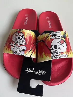 Ed Hardy Women’s Tattoo You Slides Sz 11 Red Skulls Fire Flames NEW • $23.75