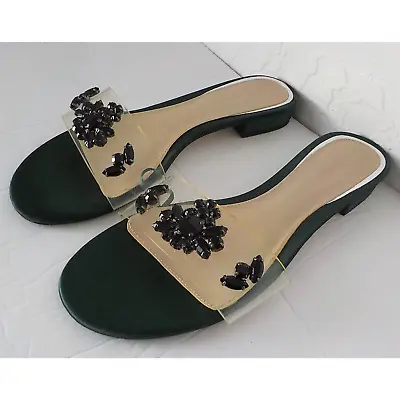 $21.25 • Buy ZARA Clear Green Slide Sandals Women Size 39 EU / 8 US Low Heel Black Gems Satin