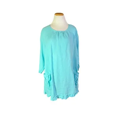 Match Point Size L Turquoise Linen Tunic Top Ruffle Trim Pockets • $26.99