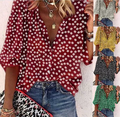 $17.12 • Buy Womens Button Chiffon Shirt Casual Sexy Blouse Ladies Deep V-Neck Loose Tops
