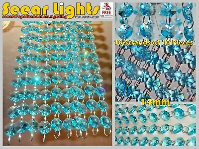 100 CHANDELIER AQUA TEAL GLASS 14mm CRYSTALS 2m GARLAND WEDDING DROPLETS BEADS • £24.99