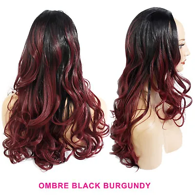 Ladies 3/4 Half Wig Black/Burgundy Ombre Wavy 22  Heat Resistant Synthetic Hair • £10.99