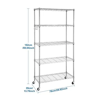 5 Tier Metal Storage W/Wheels Rack Shelving Wire Shelf Kitchen Shelves Unit Stan • £50.41