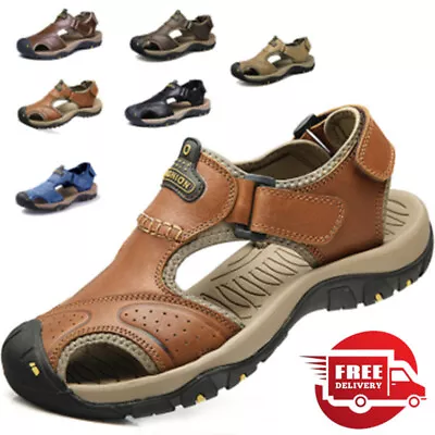 Mens Leather Flats Sandles Outdoor Summer Sandals Beach Water Shoes Size New UK • £33.59