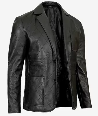 Men's Diamond Stitched Black Leather Sports Coat Quilted Texture Jacket • $134