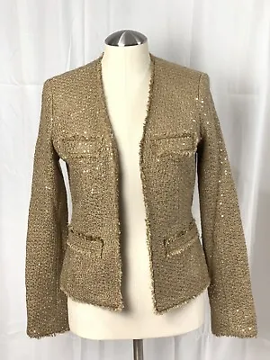 MICHAEL KORS Women’s Boucle Tweed Metallic Sequined Camel/Gold Jacket Size 2 • $45