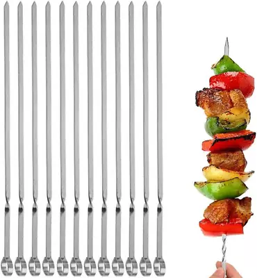 12PCS Kabob Skewers Flat Metal Stainless Steel BBQ Barbecue Skewer 14  Anti-R... • $9.28