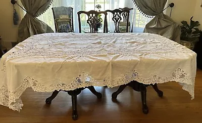 Vintage Handmade White Embroidered Tape Lace  Italy Tablecloth 92” +  10 Napkins • $149.95