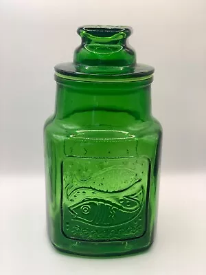 Vintage Wheaton NJ Glass Canister With Lid Green Fish Heart  10” Tall • $9.95