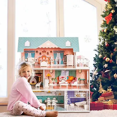 ROBOTIME Kids Wooden Dolls House With Furniture 3 Storey Dollhouse For 3-6 Years • $72.99