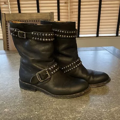 Frye Women’s Black Leather Studded Motto Boots Strap Buckle 6.5 B • $34.99
