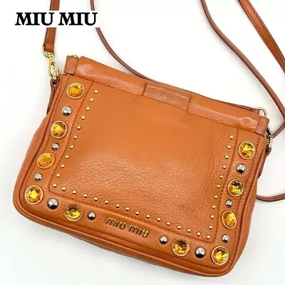 Miu Miu Leather Shoulder Bag Crossbody Bijou Studs Brown • $278