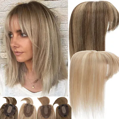 Clip In Topper With Bang/Fringe Real Remy Human Hair Silk Base Toupee #Highlight • £49.48