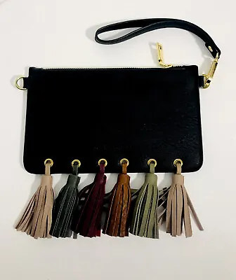 New Melie Bianco Black Vegan Leather Wrist Bag Purse Colored Tassels • $29.99