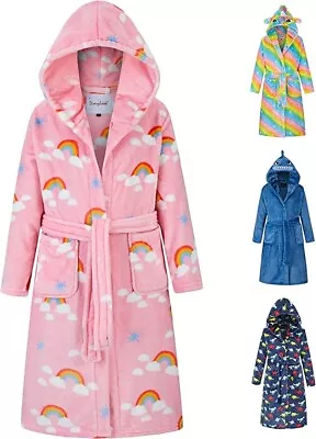 DiaryLook Kids Dressing Gown Fleece Robe Fluffy Girls Hooded - RAINBOWS • £12