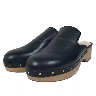 J. Crew Black Minimalist Bohemian Leather Wooden Sole Mule Clogs Size 9 AQ675 • $60