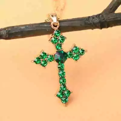 Green Cross Pendant Necklace Sparkling Zircon Adjustable Ornament Chain Fashion • $12.98