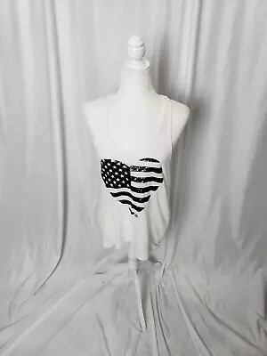 PINK Victoria Secret White Tank Black Heart American Flag Sequins • $15.99