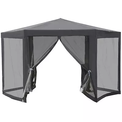 Grey Hexagonal Gazebo 3.94m Steel Mesh Canopy Outdoor Patio Party Tent • £92.62