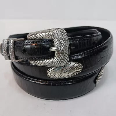 Roundtree & Yorke Mens 54 Black Leather Croc Silver Concho Buckle Western Belt • $19.80