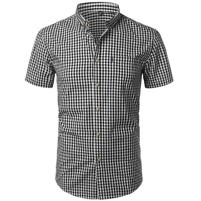 Mens Short Sleeve Plaid Shirt Striped Checked Cotton Summer Office Work Tops • £13.55
