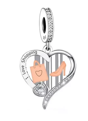 Sterling Silver 925 🌸 I Love Shopping Heart Charm & Gift Pouch • £16.50