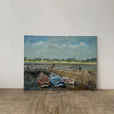 Vintage Oil On Board Painting Harbour Wall Sea Seaside Beach Boat Yacht Scene • £35