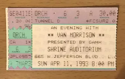 1993 Van Morrison Shrine Auditorium Los Angeles Concert Ticket Stub Moondance • $5.99