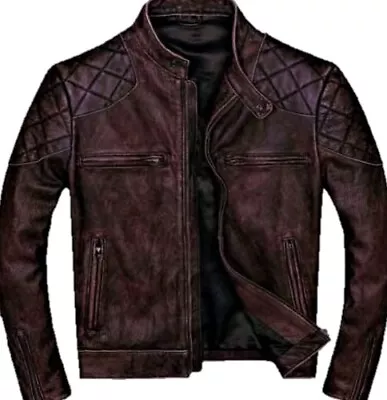 Men's Motorcycle Cafe Racer Biker Genuine Leather Jacket Brown Lamb Skin Leather • $98.99