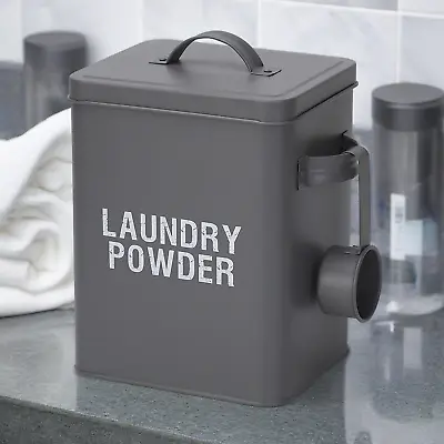 Laundry Powder Tin Metal Storage Container Box Lid Measuring Scoop Washing Grey • £11.99