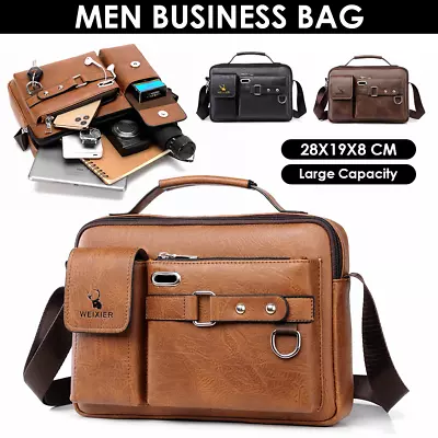 Leather Briefcase Mens Laptop Shoulder Bag Men's Office Satchel Cross Body Bag • £15.99