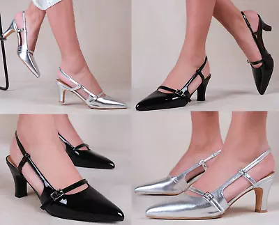 Womens Kitten Heels Courts Work Smart Office Pumps Pointed Toe Wide Fit Shoes • £18.99