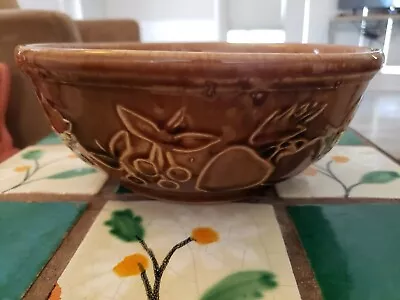 Vintage Western Monmouth  USA Pottery 9  Bowl Brown Embossed Fruit Design  • $9.83